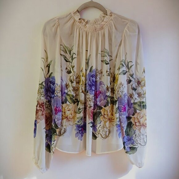 Size L - XL RACHEL ZOE Lightweight Summertime Cream Floral Romantic Sheer Blouse - Picture 1 of 7